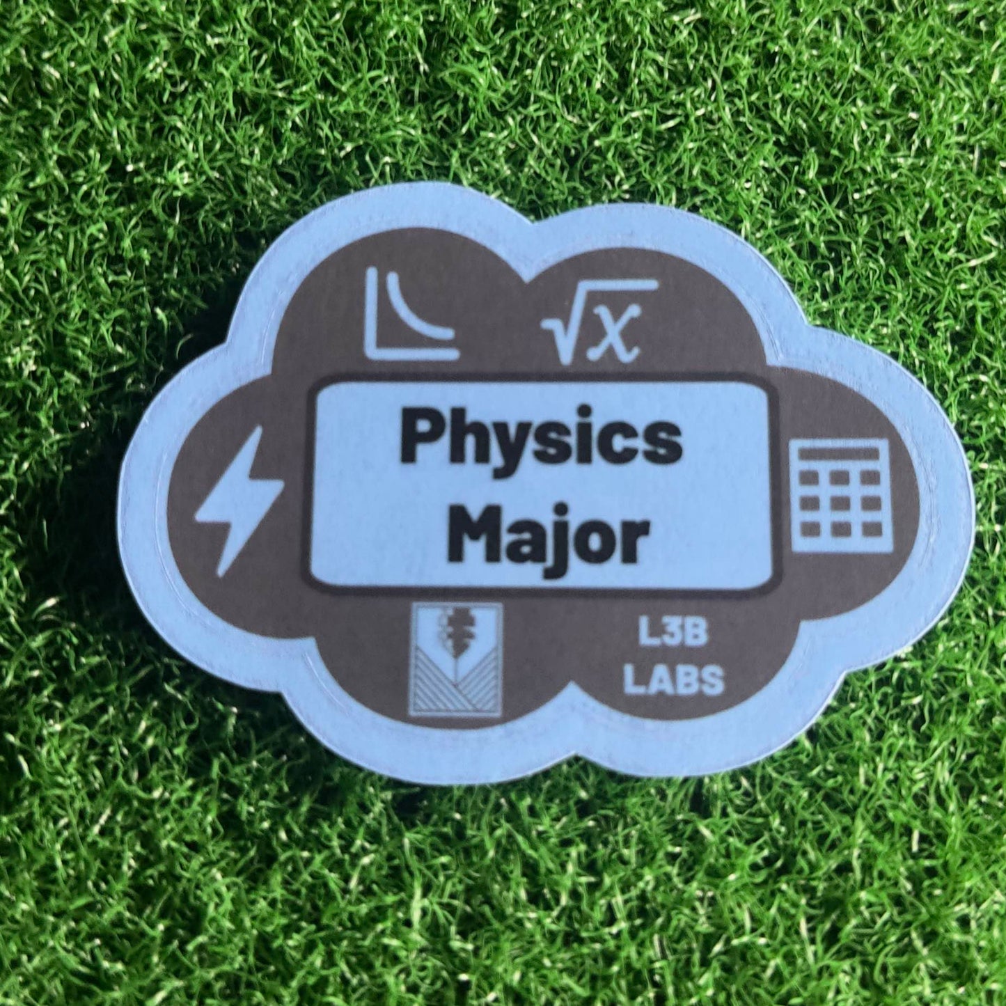 Sticker with 'Physics Major' text on a green grass background