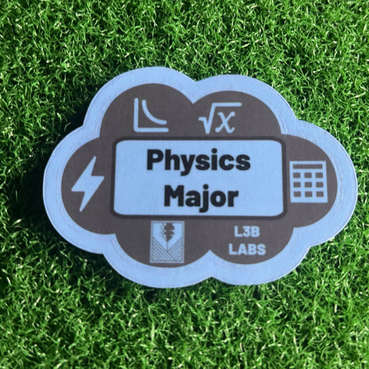 Sticker with 'Physics Major' text on a green grass background