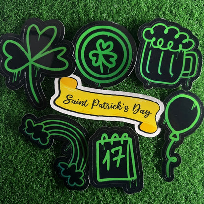 St. Patrick's Day Graffiti Sticker Set | 7 - Piece Neon Green Bundle | Urban Shamrock, Rainbow, Beer Mug, & Calendar Decals - L3B LABS2 inch