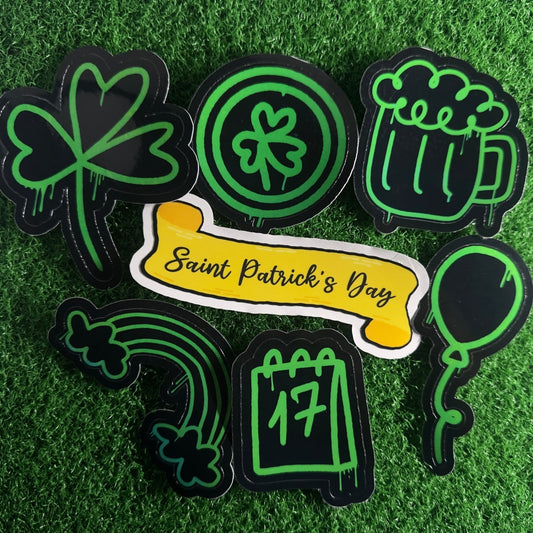 St. Patrick's Day Graffiti Sticker Set | 7 - Piece Neon Green Bundle | Urban Shamrock, Rainbow, Beer Mug, & Calendar Decals - L3B LABS2 inch