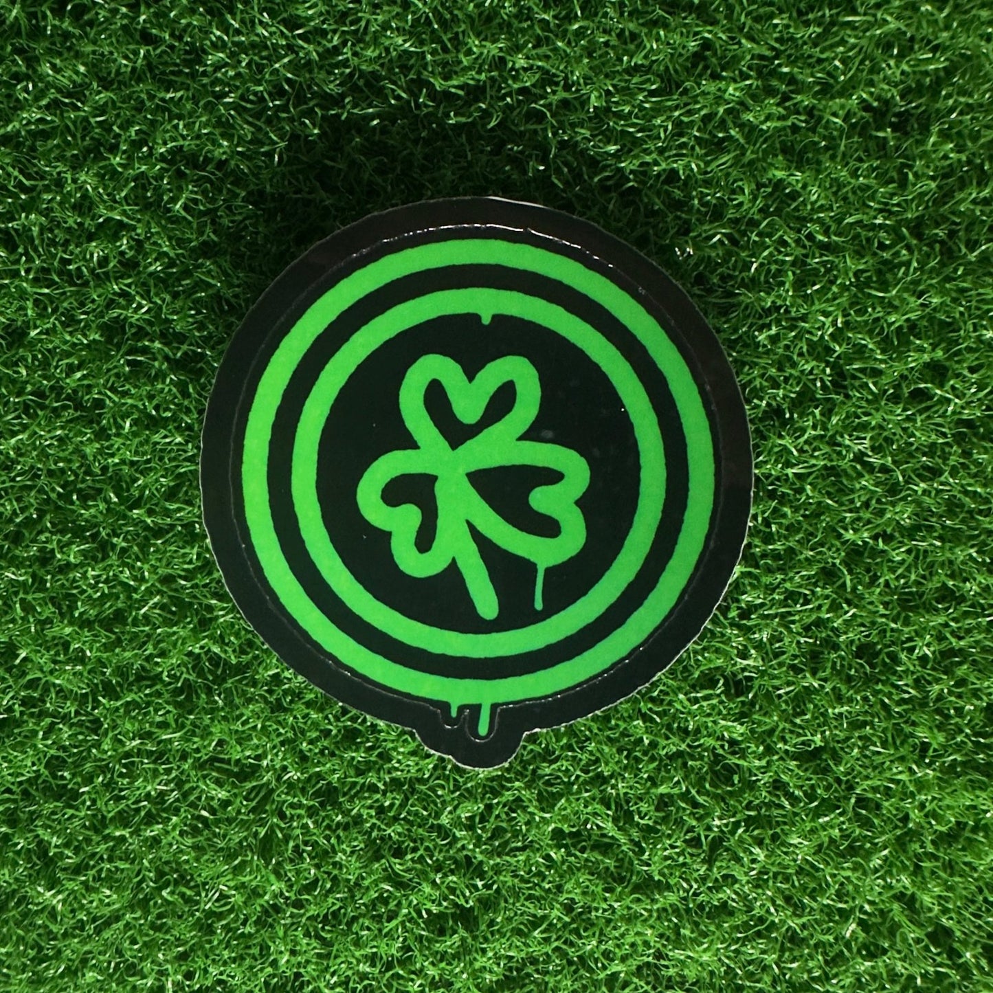 St. Patrick's Day Shamrock Coin Sticker | Neon Green Spray Paint Coin Decal | Edgy Lucky Charm for Laptops, Lockers, & Water Bottles - L3B LABS2 inClear